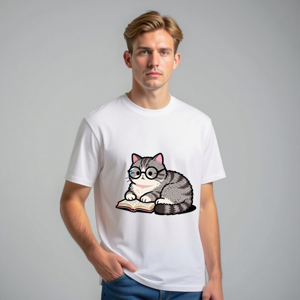 Unisex Organic Cotton T-Shirt with Cute Reading Cat Graphic - Image 10