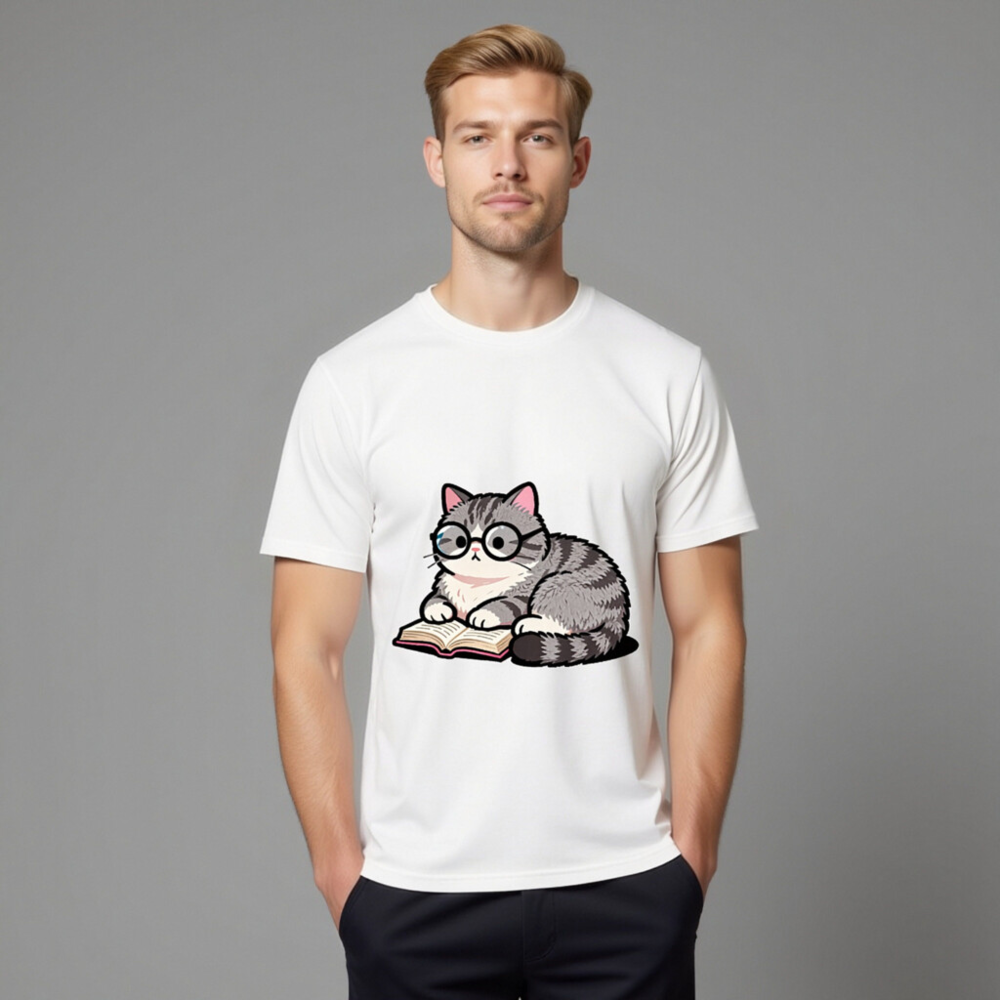 Unisex Organic Cotton T-Shirt with Cute Reading Cat Graphic - Image 11