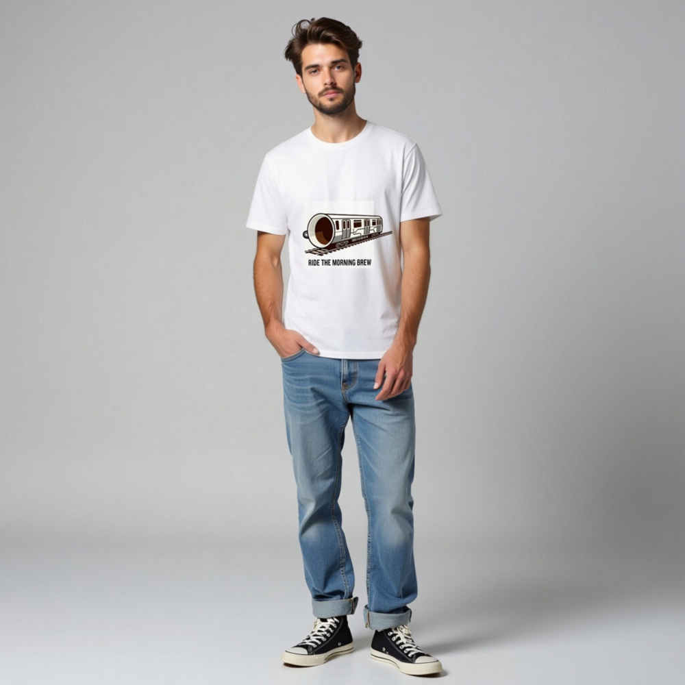 Ride the Morning Brew Coffee Train T-Shirt | Organic Cotton Unisex Tee - Image 4