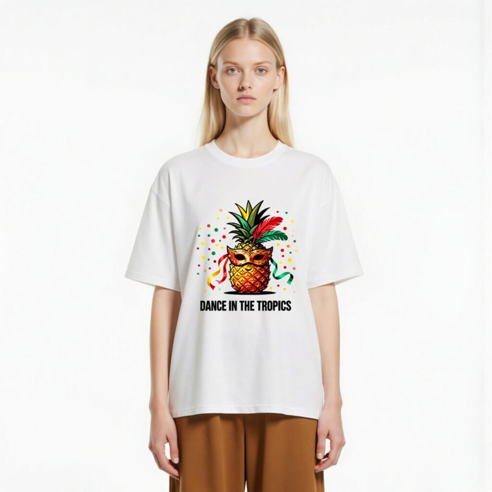 Unisex Organic Cotton T-Shirt | Pineapple Mardi Gras Mask 'Dance in the Tropics' Design - Image 2