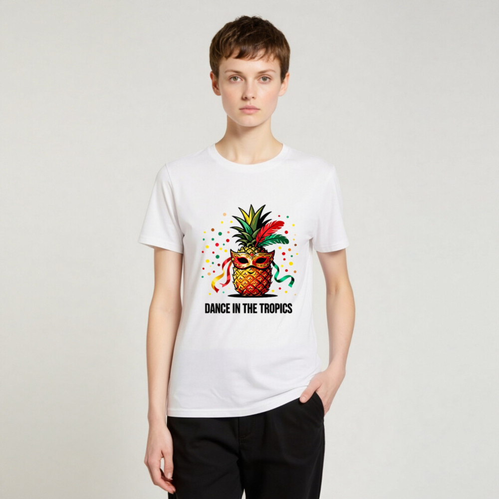 Unisex Organic Cotton T-Shirt | Pineapple Mardi Gras Mask 'Dance in the Tropics' Design - Image 3