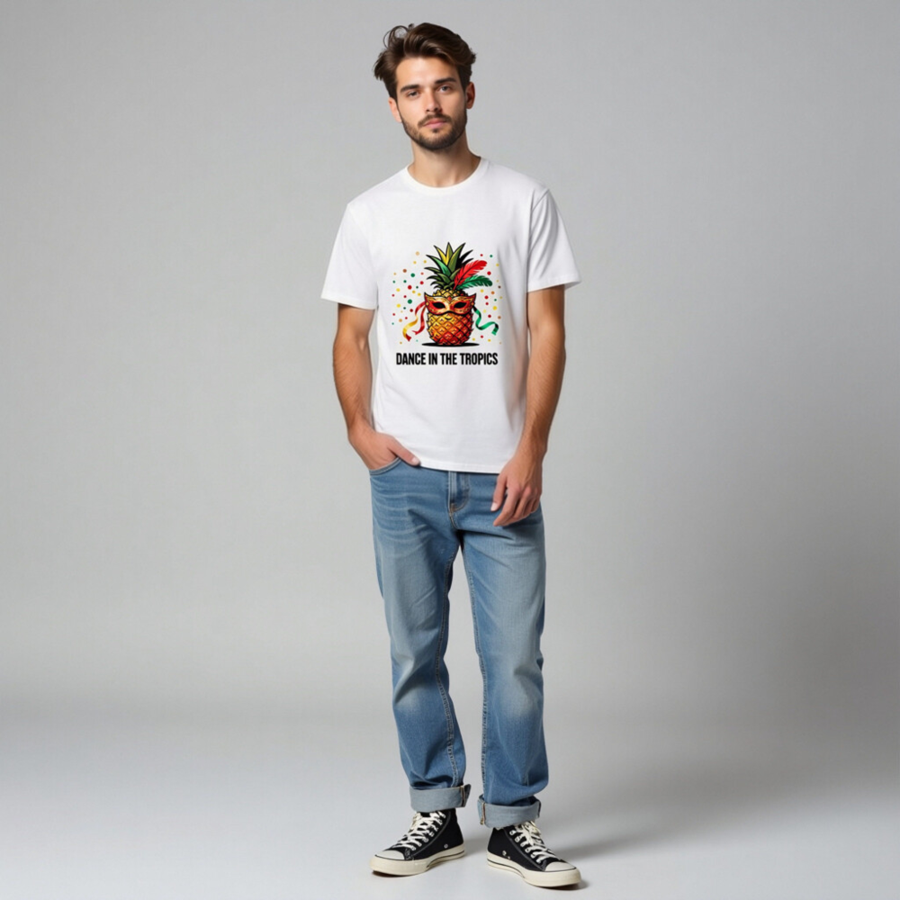 Unisex Organic Cotton T-Shirt | Pineapple Mardi Gras Mask 'Dance in the Tropics' Design - Image 4