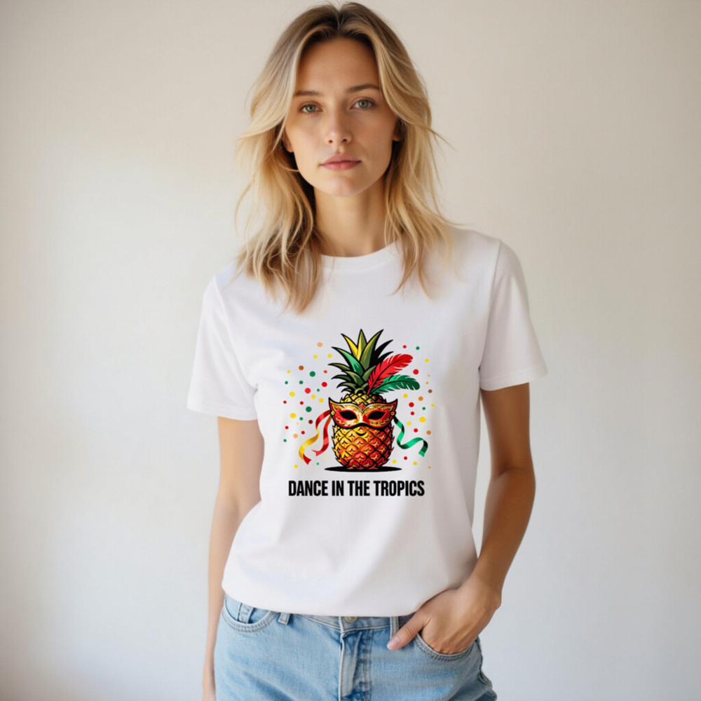 Unisex Organic Cotton T-Shirt | Pineapple Mardi Gras Mask 'Dance in the Tropics' Design - Image 6