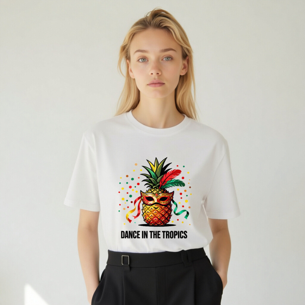Unisex Organic Cotton T-Shirt | Pineapple Mardi Gras Mask 'Dance in the Tropics' Design - Image 7