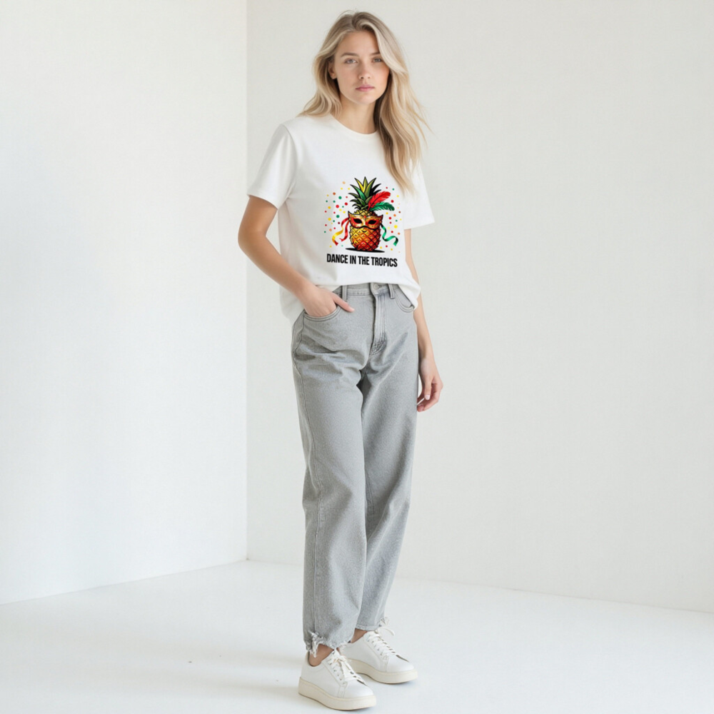 Unisex Organic Cotton T-Shirt | Pineapple Mardi Gras Mask 'Dance in the Tropics' Design - Image 8