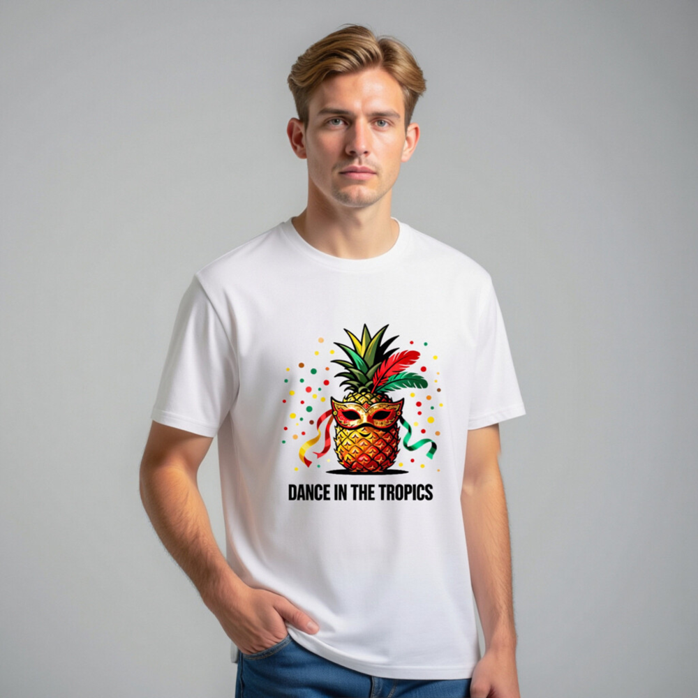 Unisex Organic Cotton T-Shirt | Pineapple Mardi Gras Mask 'Dance in the Tropics' Design - Image 10