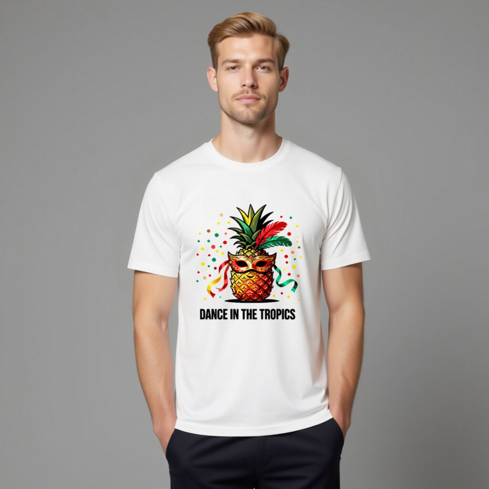 Unisex Organic Cotton T-Shirt | Pineapple Mardi Gras Mask 'Dance in the Tropics' Design - Image 11