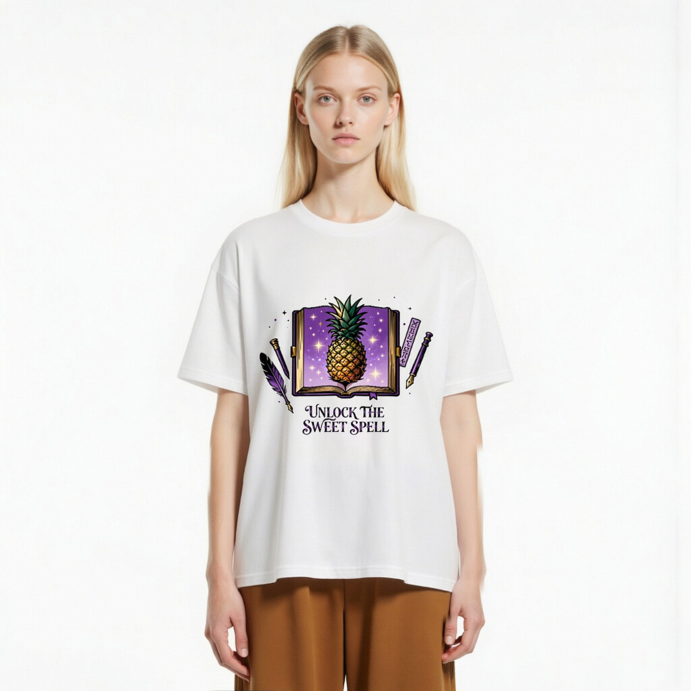 Unisex Organic Cotton T-Shirt | Pineapple Spell Book Design - Unlock the Sweet Spell - Image 2