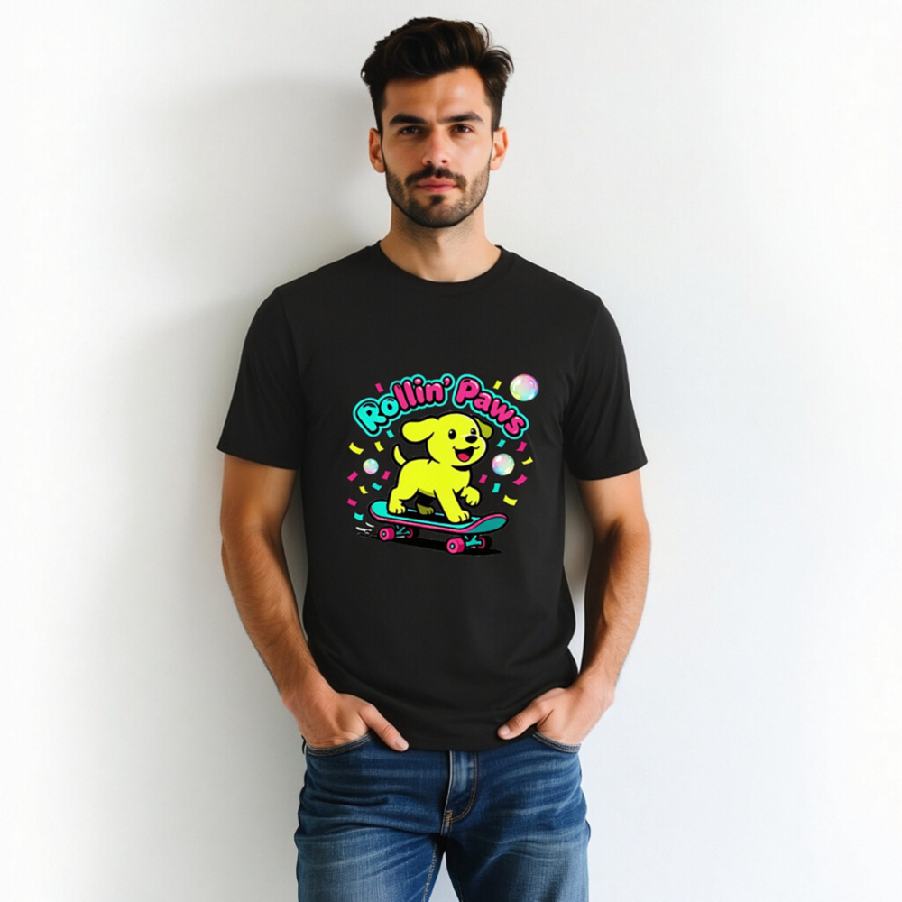 Unisex Organic Cotton T-Shirt | Rollin' Paws Yellow Puppy Skateboard Design - Image 2