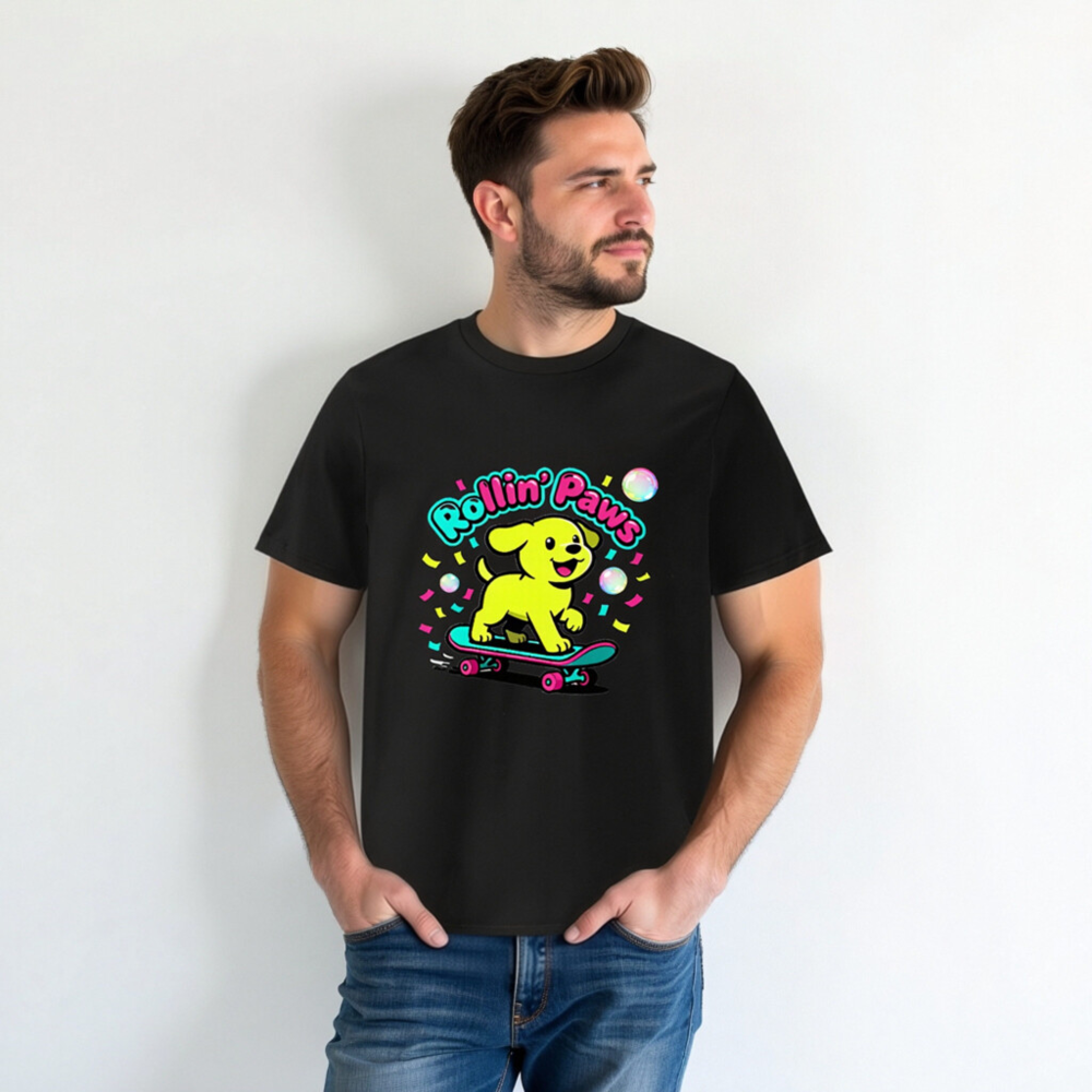 Unisex Organic Cotton T-Shirt | Rollin' Paws Yellow Puppy Skateboard Design - Image 3