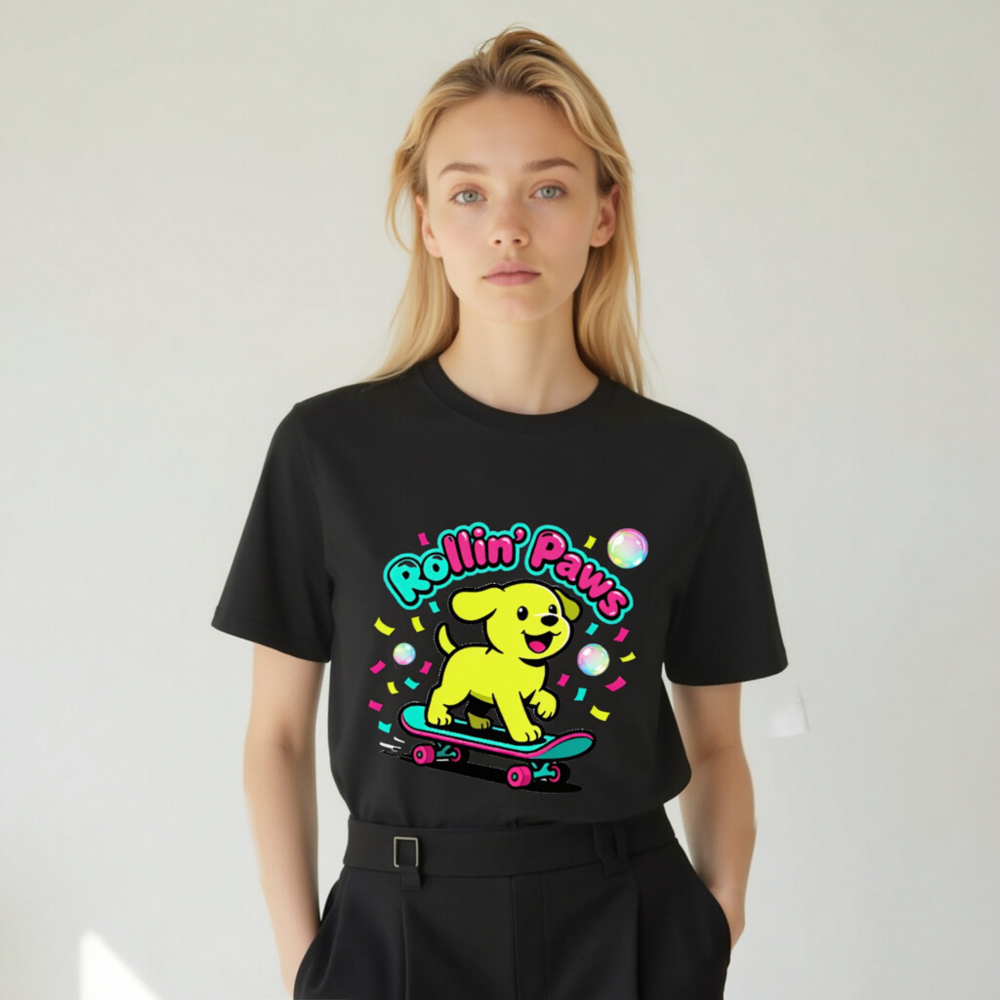 Unisex Organic Cotton T-Shirt | Rollin' Paws Yellow Puppy Skateboard Design - Image 4