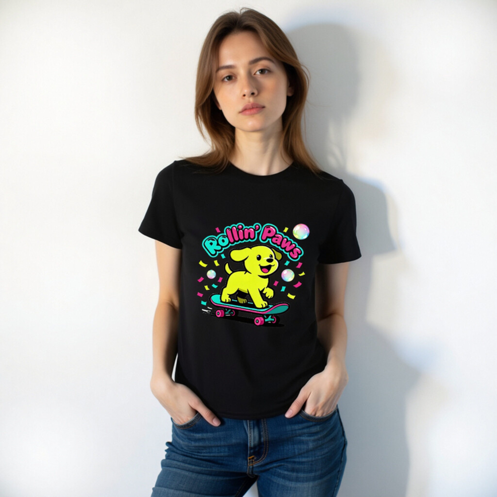 Unisex Organic Cotton T-Shirt | Rollin' Paws Yellow Puppy Skateboard Design - Image 5