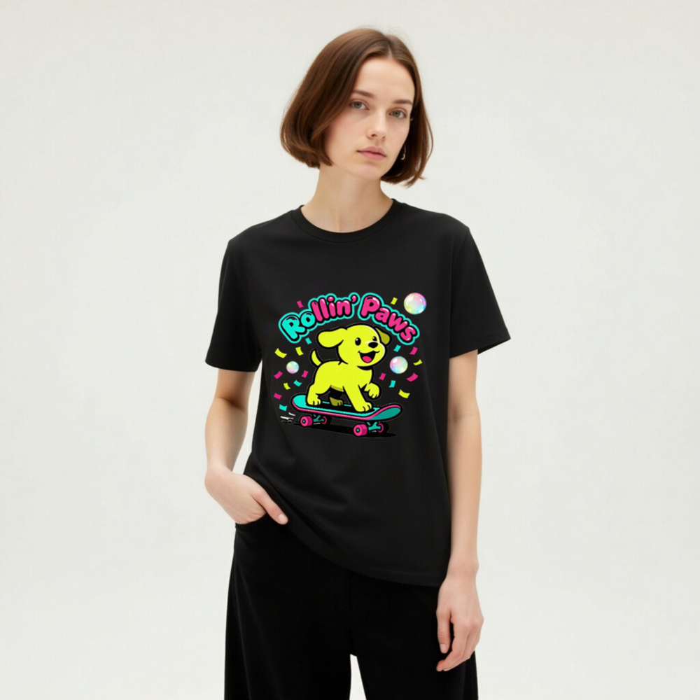Unisex Organic Cotton T-Shirt | Rollin' Paws Yellow Puppy Skateboard Design - Image 6