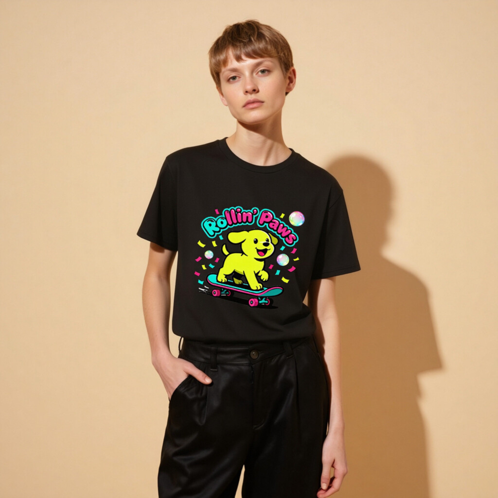 Unisex Organic Cotton T-Shirt | Rollin' Paws Yellow Puppy Skateboard Design - Image 7