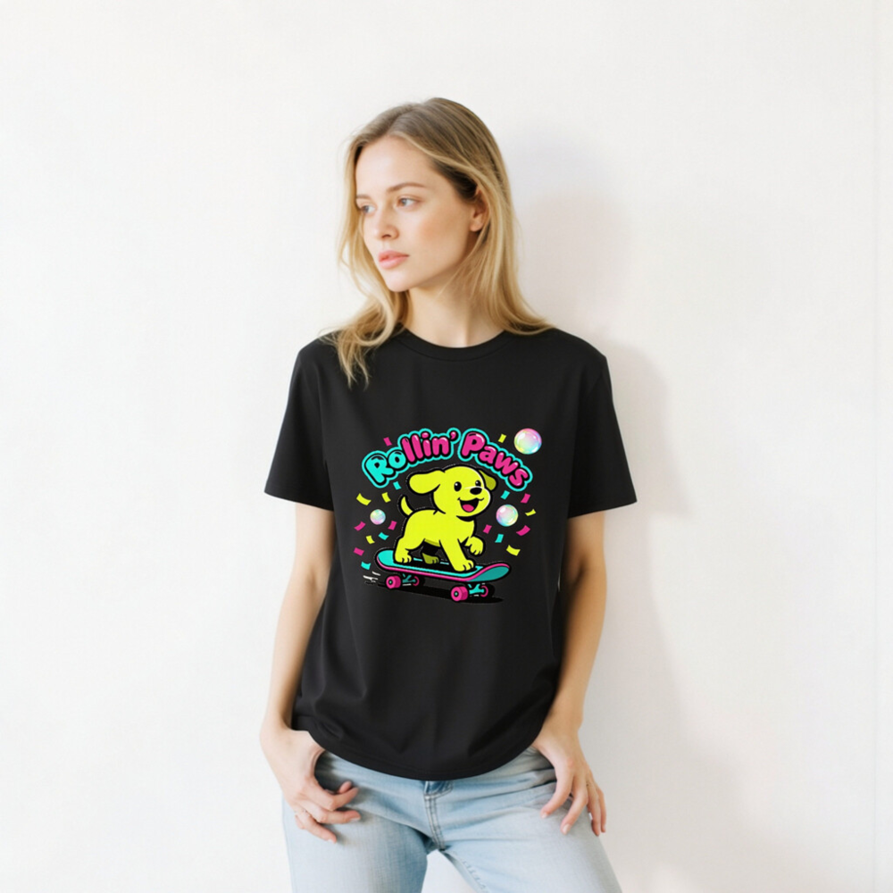 Unisex Organic Cotton T-Shirt | Rollin' Paws Yellow Puppy Skateboard Design - Image 8