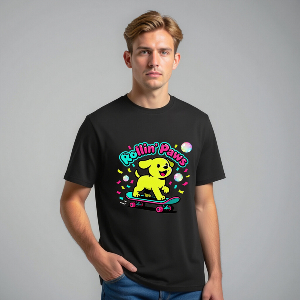 Unisex Organic Cotton T-Shirt | Rollin' Paws Yellow Puppy Skateboard Design - Image 9