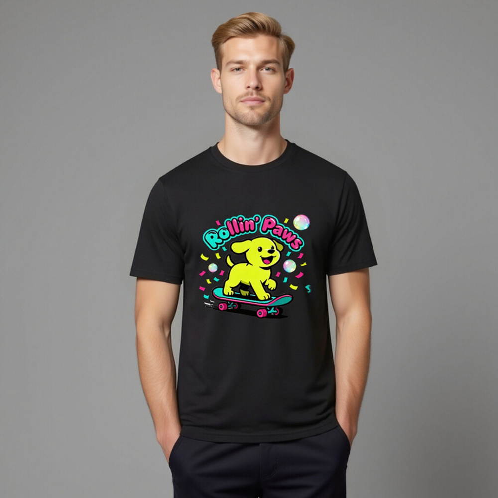 Unisex Organic Cotton T-Shirt | Rollin' Paws Yellow Puppy Skateboard Design - Image 10