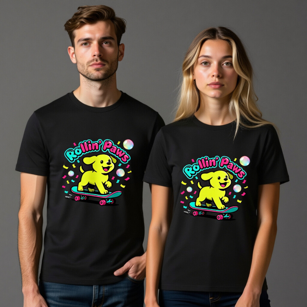 Unisex Organic Cotton T-Shirt | Rollin' Paws Yellow Puppy Skateboard Design - Image 11