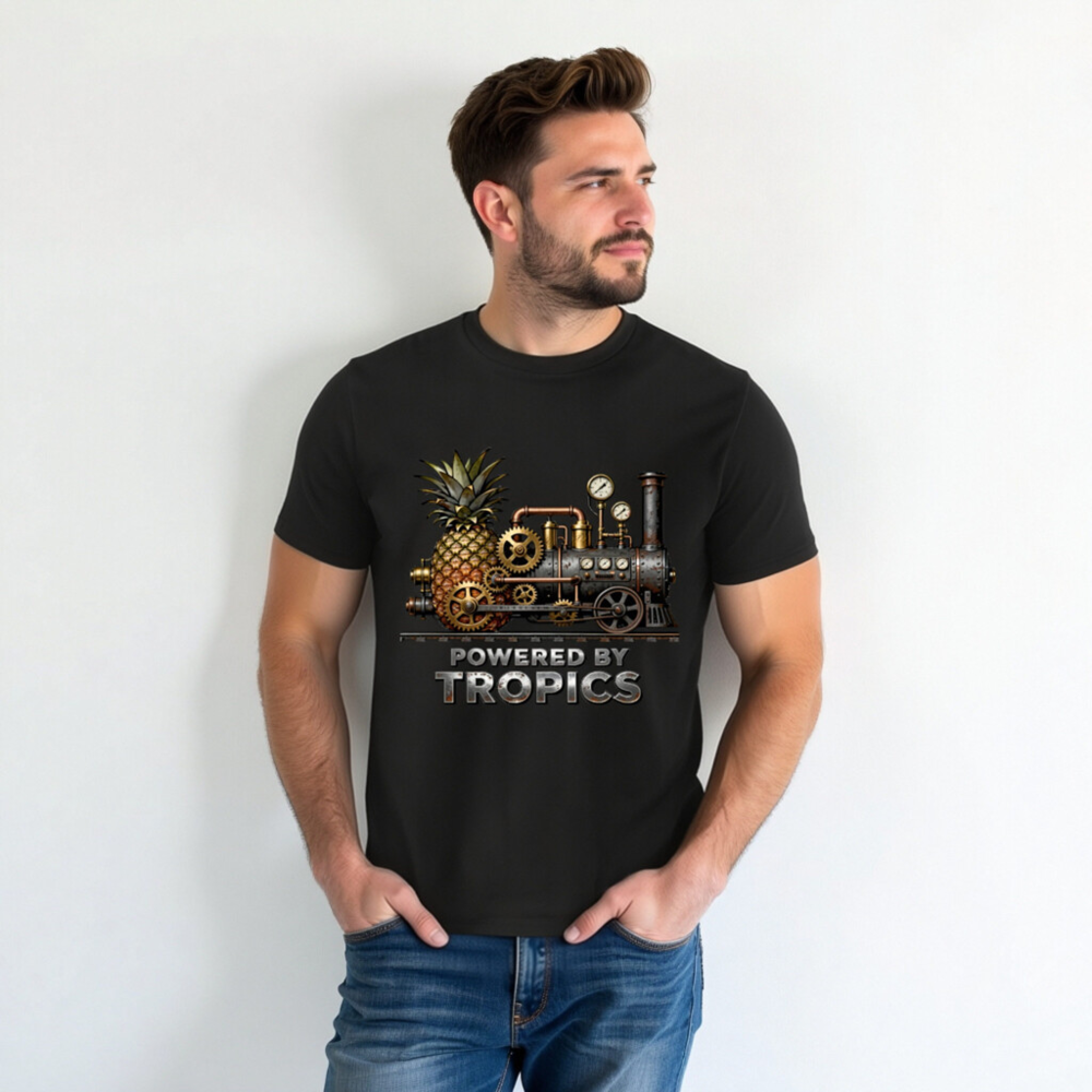 Steampunk Pineapple Train T-Shirt - Powered by Tropics Unisex Organic Cotton - Image 3