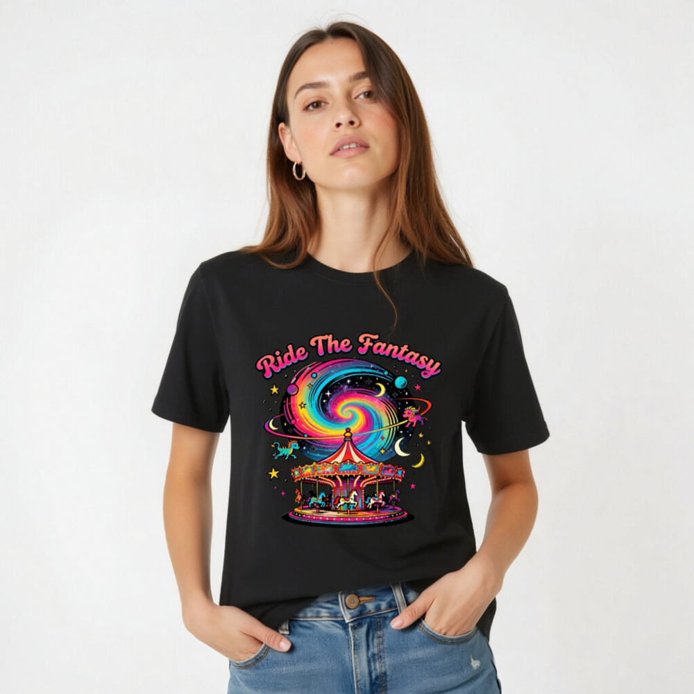 Unisex Staple T-Shirt - Ride The Fantasy Carousel Design, Vibrant Galaxy Print - Image 2