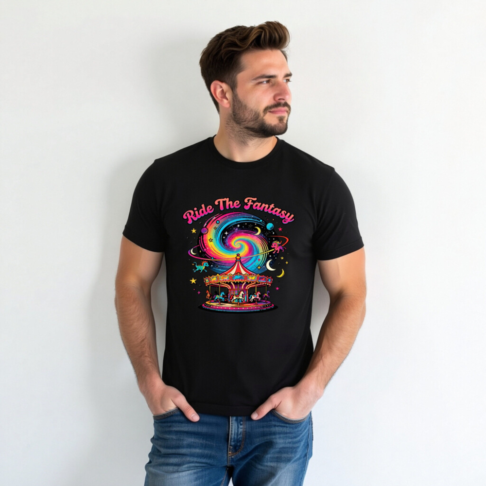 Unisex Staple T-Shirt - Ride The Fantasy Carousel Design, Vibrant Galaxy Print - Image 4