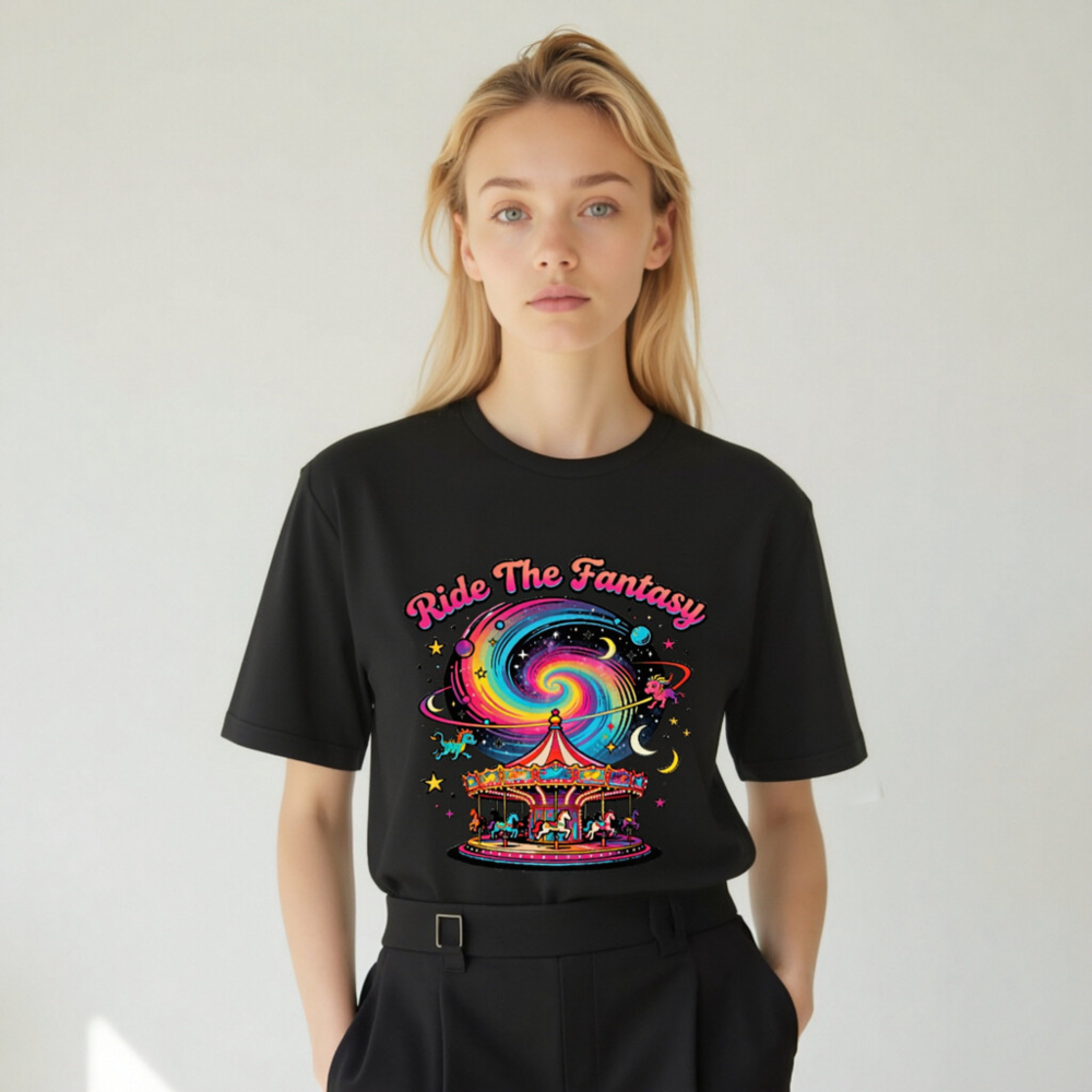 Unisex Staple T-Shirt - Ride The Fantasy Carousel Design, Vibrant Galaxy Print - Image 5