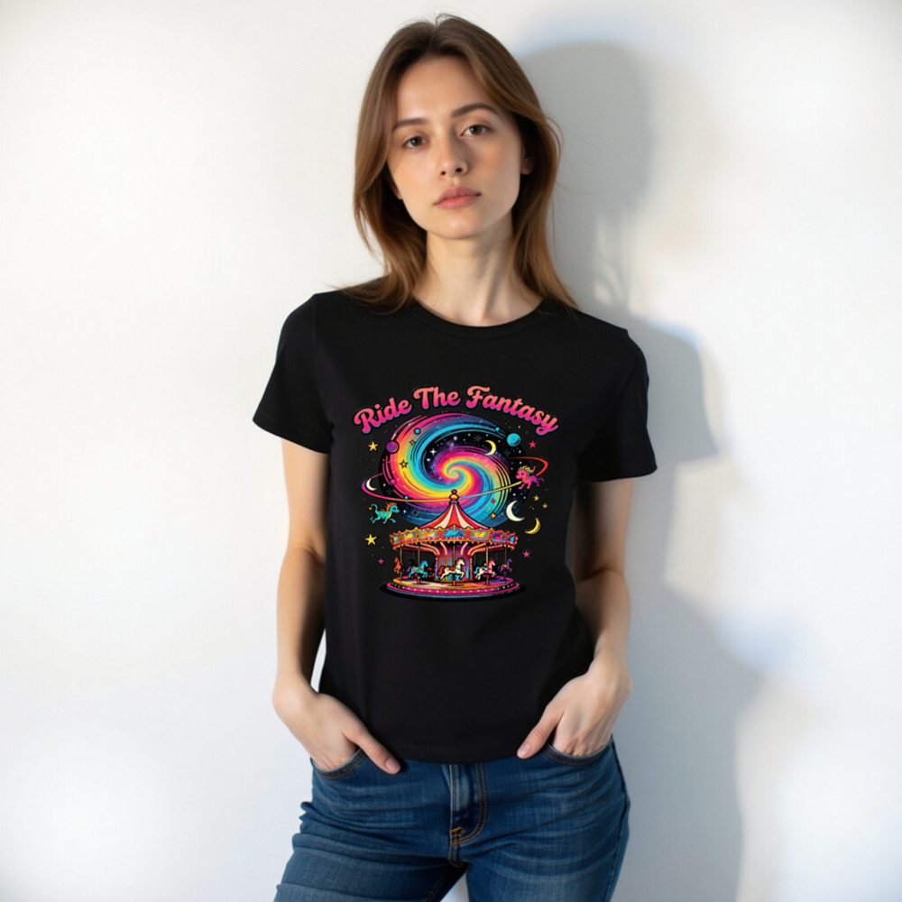 Unisex Staple T-Shirt - Ride The Fantasy Carousel Design, Vibrant Galaxy Print - Image 6