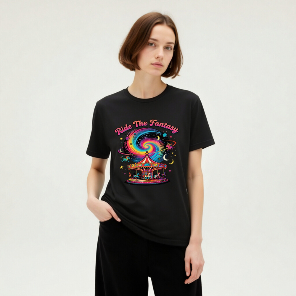 Unisex Staple T-Shirt - Ride The Fantasy Carousel Design, Vibrant Galaxy Print - Image 7