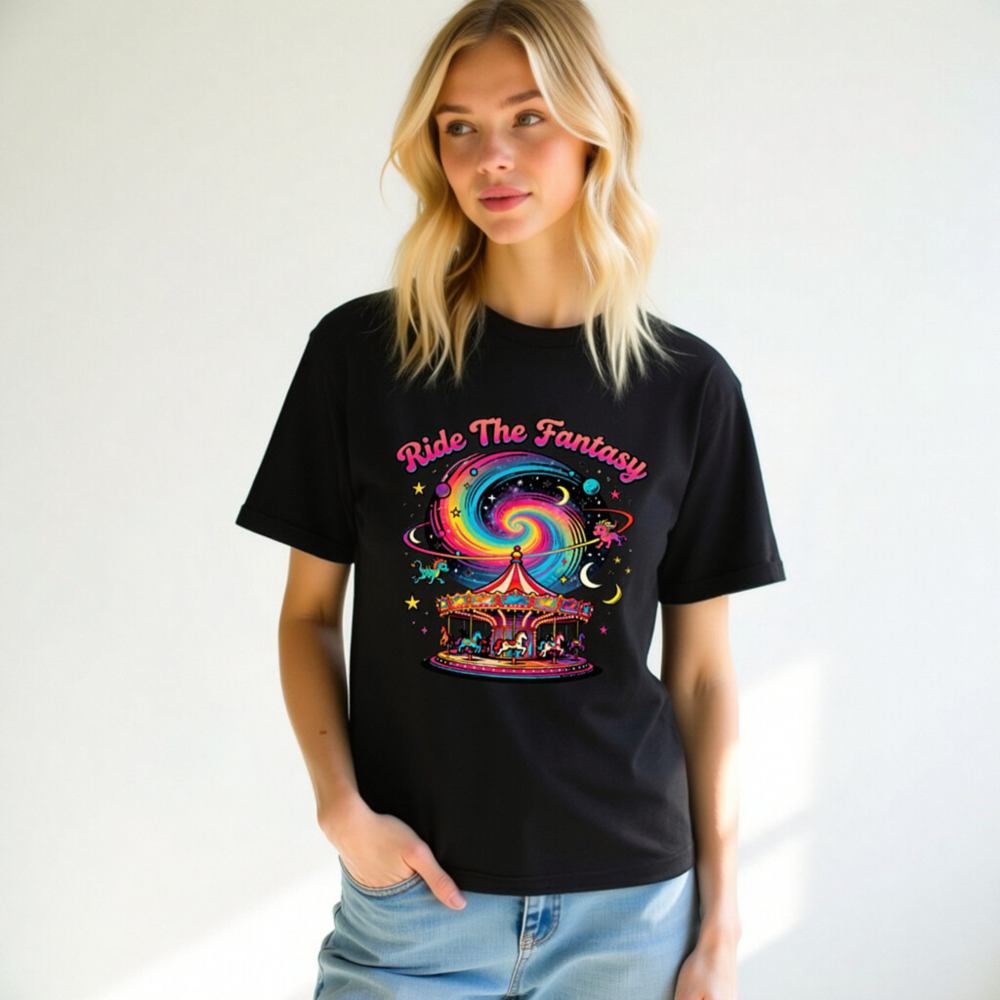 Unisex Staple T-Shirt - Ride The Fantasy Carousel Design, Vibrant Galaxy Print - Image 10