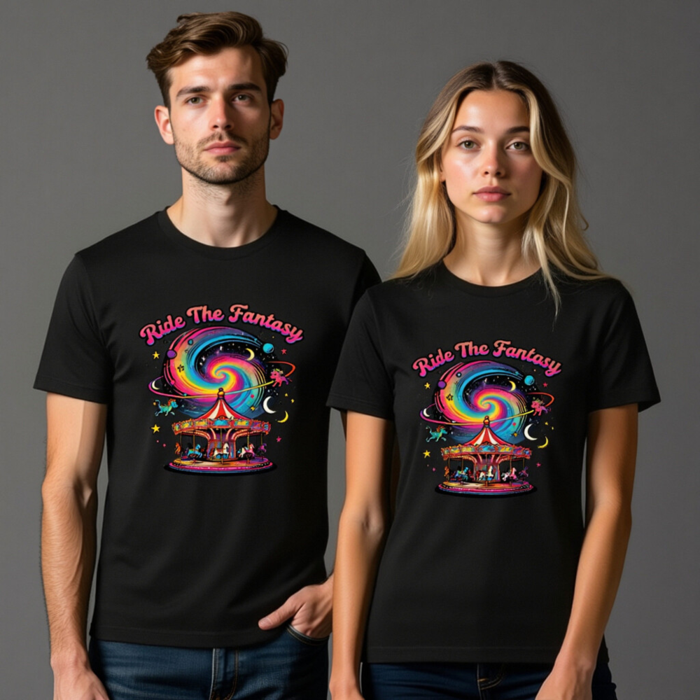 Unisex Staple T-Shirt - Ride The Fantasy Carousel Design, Vibrant Galaxy Print - Image 11