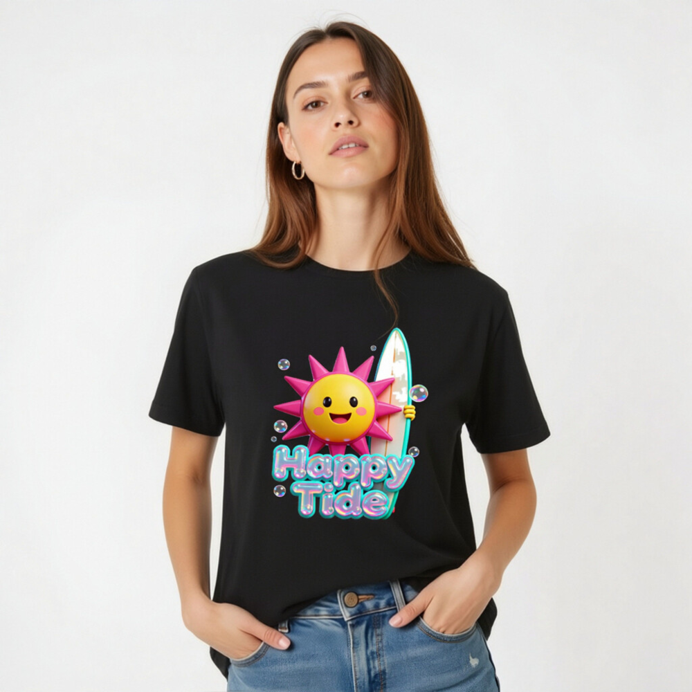 Unisex Happy Tide Surf Sun T-Shirt - Black Graphic Tee - Image 2
