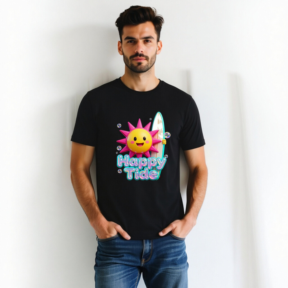 Unisex Happy Tide Surf Sun T-Shirt - Black Graphic Tee - Image 3