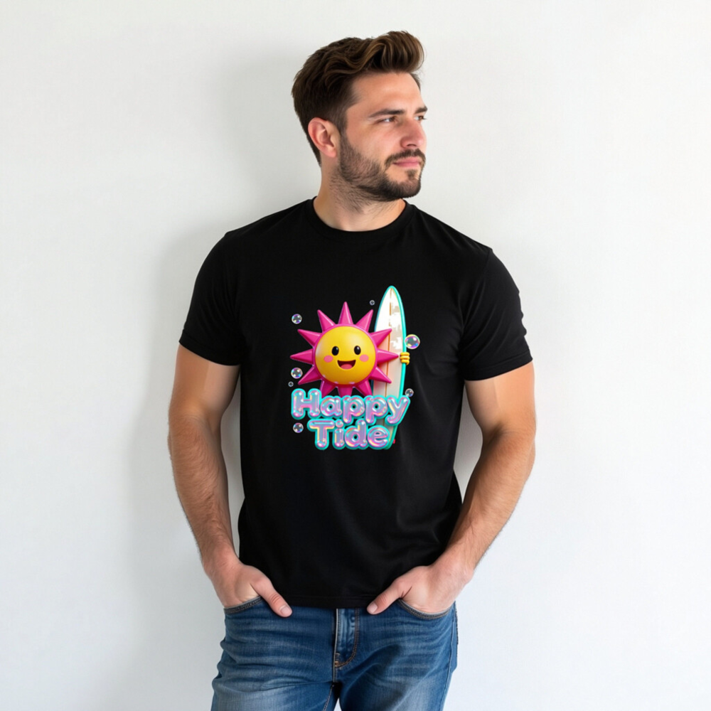 Unisex Happy Tide Surf Sun T-Shirt - Black Graphic Tee - Image 4