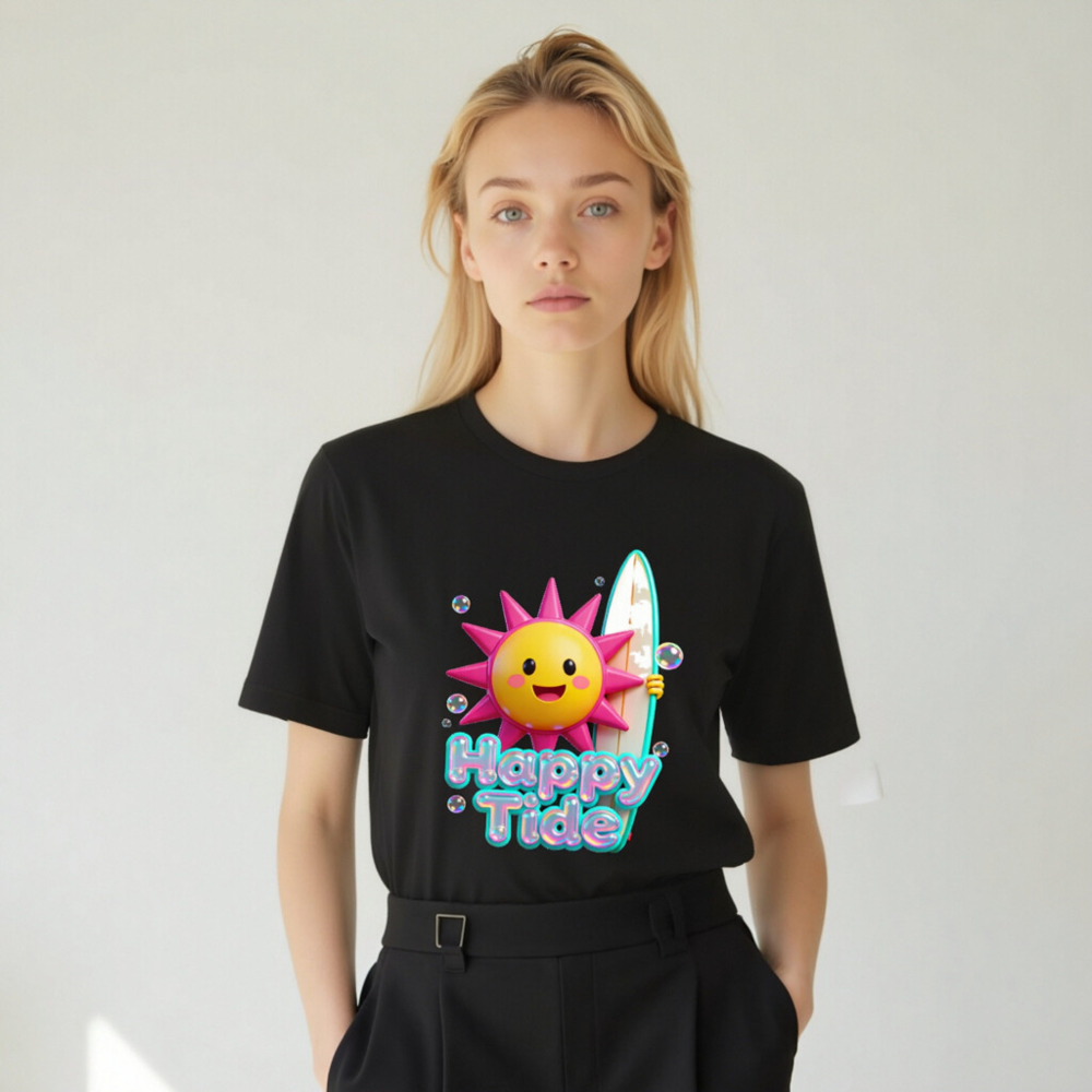 Unisex Happy Tide Surf Sun T-Shirt - Black Graphic Tee - Image 5