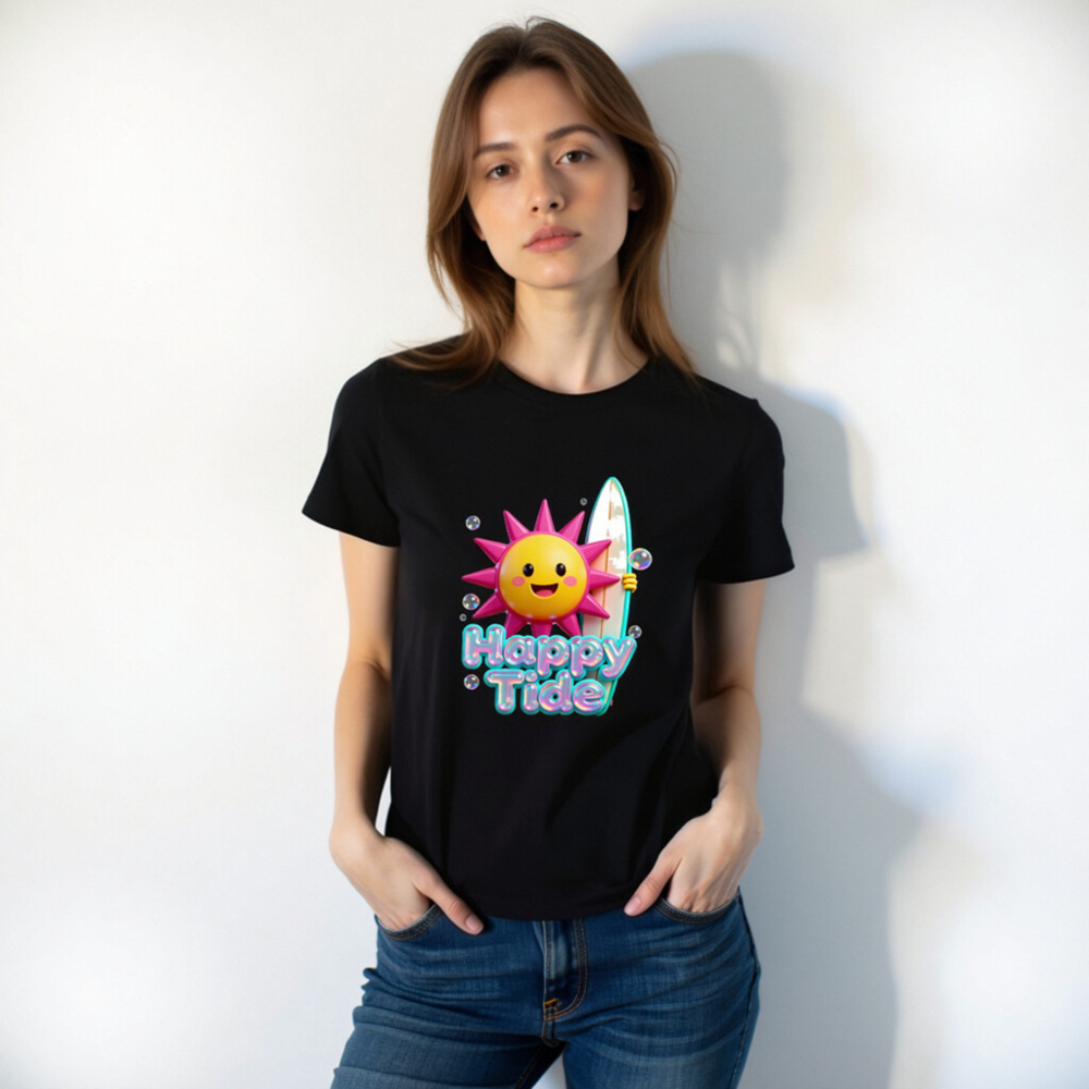 Unisex Happy Tide Surf Sun T-Shirt - Black Graphic Tee - Image 6