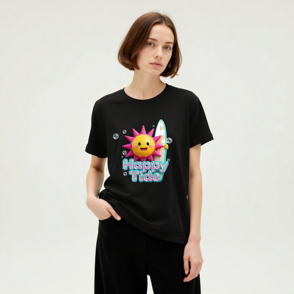 Unisex Happy Tide Surf Sun T-Shirt - Black Graphic Tee - Image 7