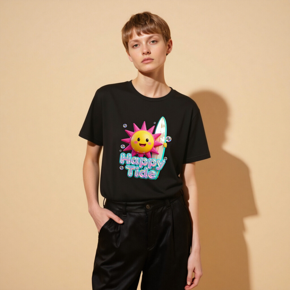 Unisex Happy Tide Surf Sun T-Shirt - Black Graphic Tee - Image 8