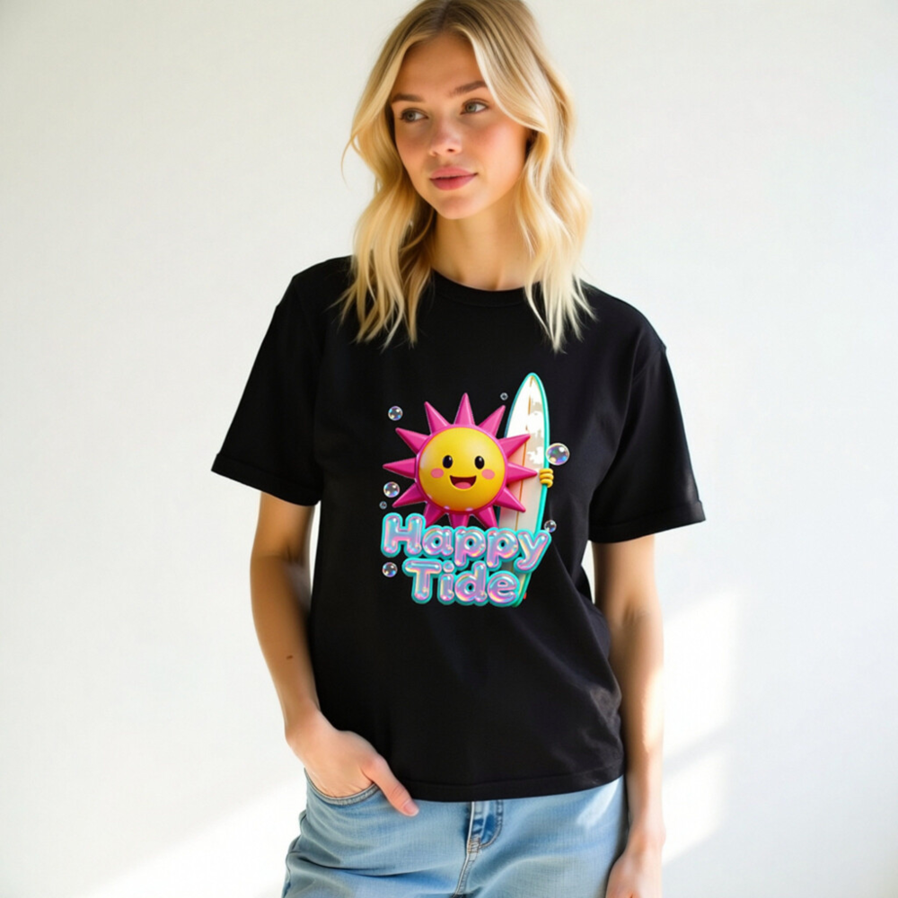 Unisex Happy Tide Surf Sun T-Shirt - Black Graphic Tee - Image 10
