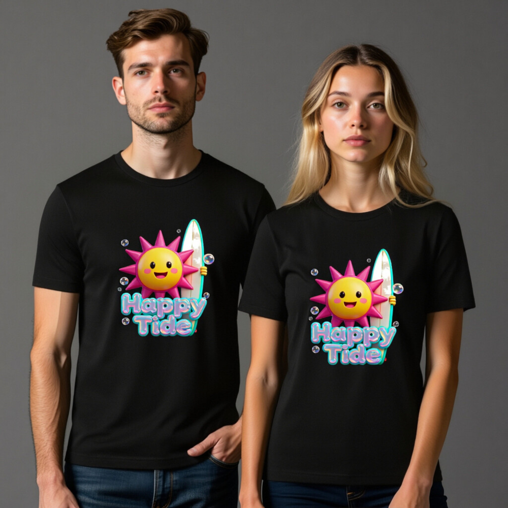 Unisex Happy Tide Surf Sun T-Shirt - Black Graphic Tee - Image 11