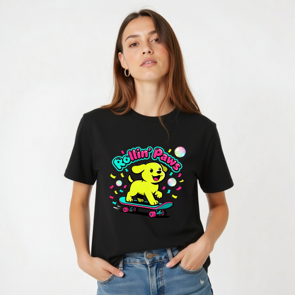 Rollin' Paws Unisex T-Shirt - Yellow Puppy Skateboard Design - Image 2