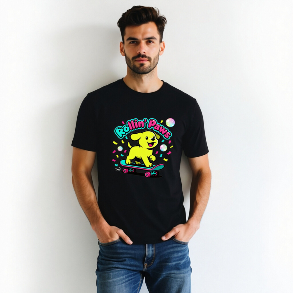 Rollin' Paws Unisex T-Shirt - Yellow Puppy Skateboard Design - Image 3