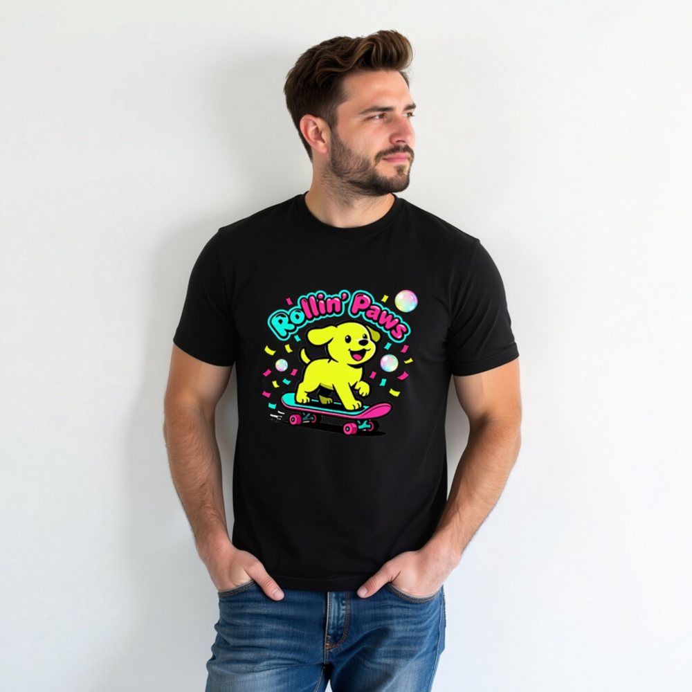 Rollin' Paws Unisex T-Shirt - Yellow Puppy Skateboard Design - Image 4