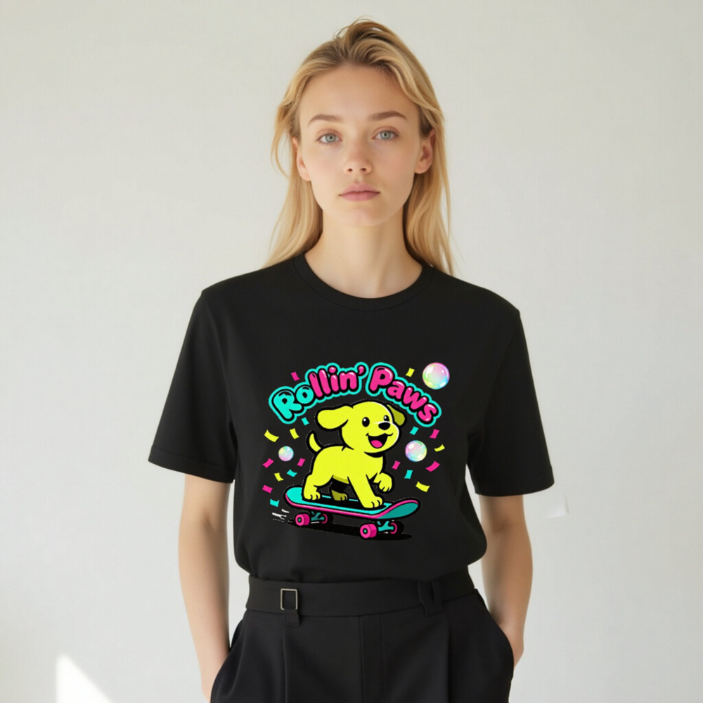 Rollin' Paws Unisex T-Shirt - Yellow Puppy Skateboard Design - Image 5