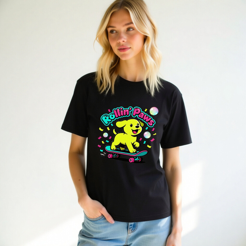 Rollin' Paws Unisex T-Shirt - Yellow Puppy Skateboard Design - Image 10