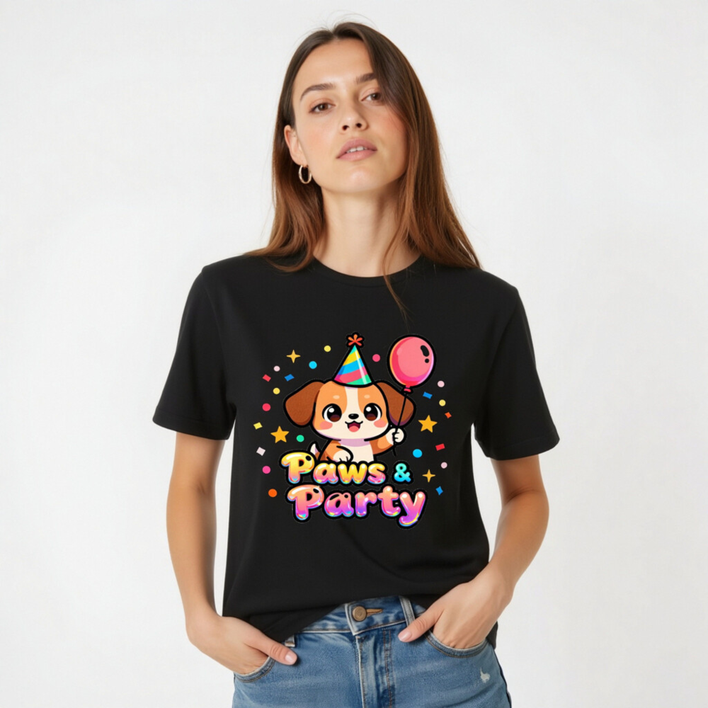 Unisex Paws & Party T-Shirt - Cute Dog with Balloon & Hat, Colorful Party Design - Image 2