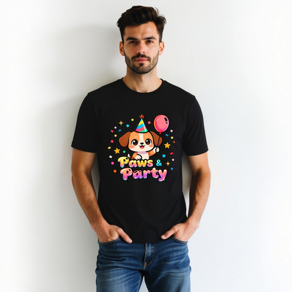 Unisex Paws & Party T-Shirt - Cute Dog with Balloon & Hat, Colorful Party Design - Image 3