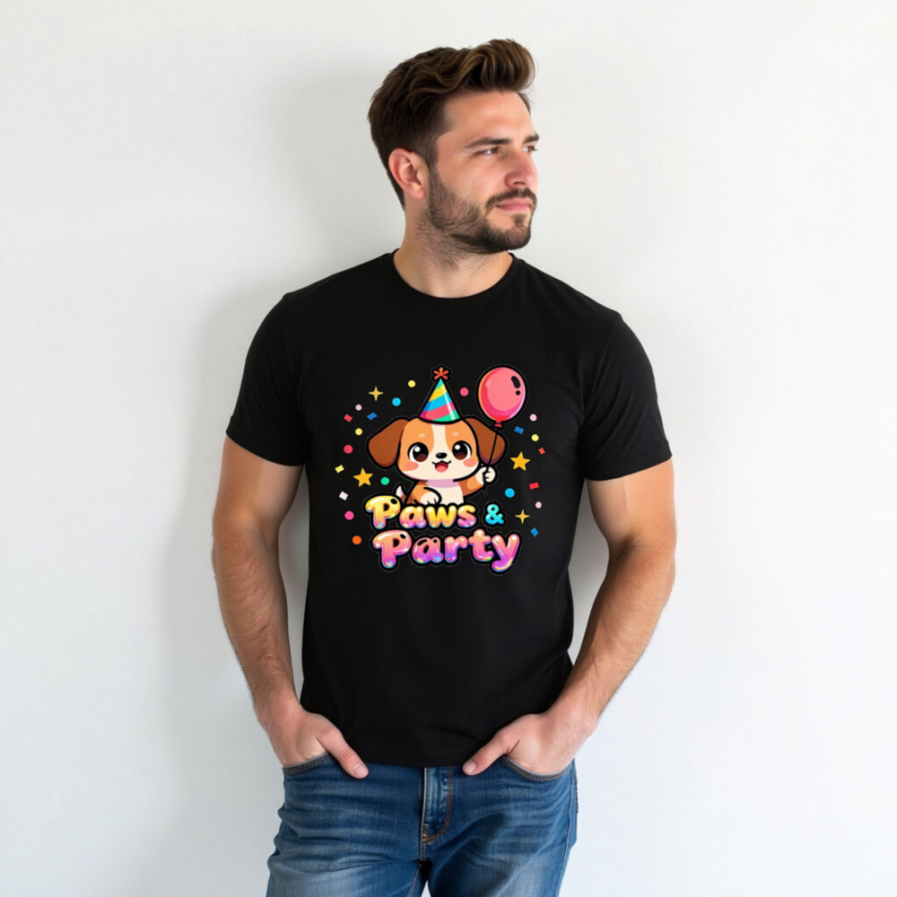Unisex Paws & Party T-Shirt - Cute Dog with Balloon & Hat, Colorful Party Design - Image 4