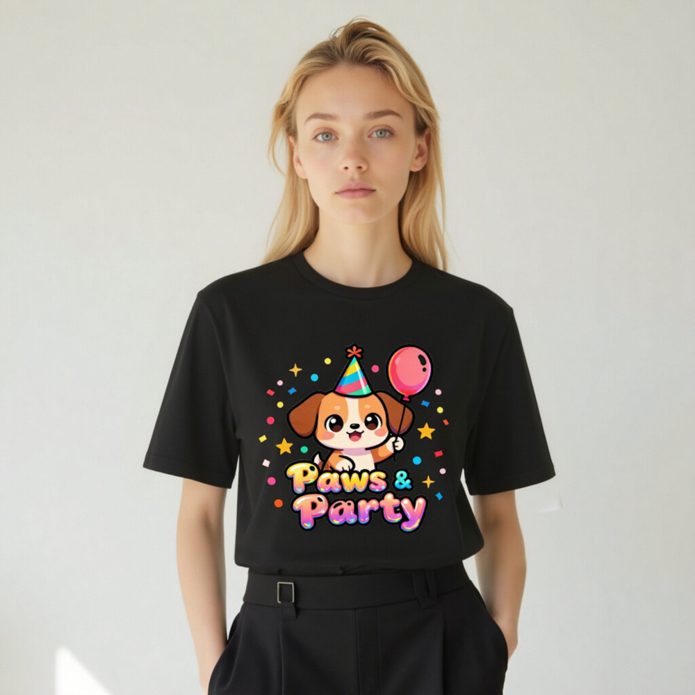 Unisex Paws & Party T-Shirt - Cute Dog with Balloon & Hat, Colorful Party Design - Image 5