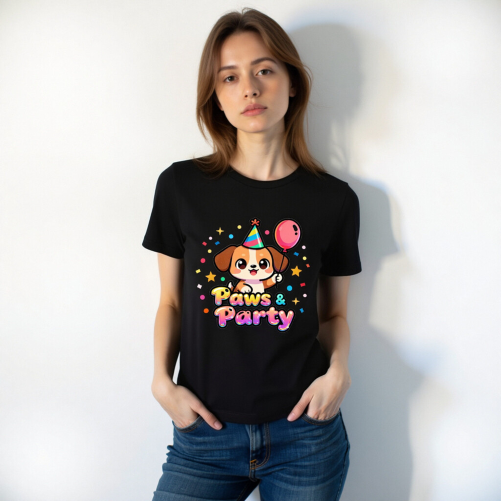 Unisex Paws & Party T-Shirt - Cute Dog with Balloon & Hat, Colorful Party Design - Image 6