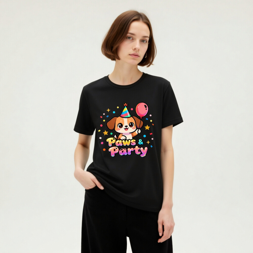 Unisex Paws & Party T-Shirt - Cute Dog with Balloon & Hat, Colorful Party Design - Image 7